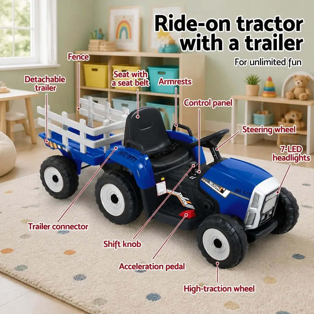 Kids Electric Ride On Tractor 12V Battery Powered Toy Car Blue Outdoor Play