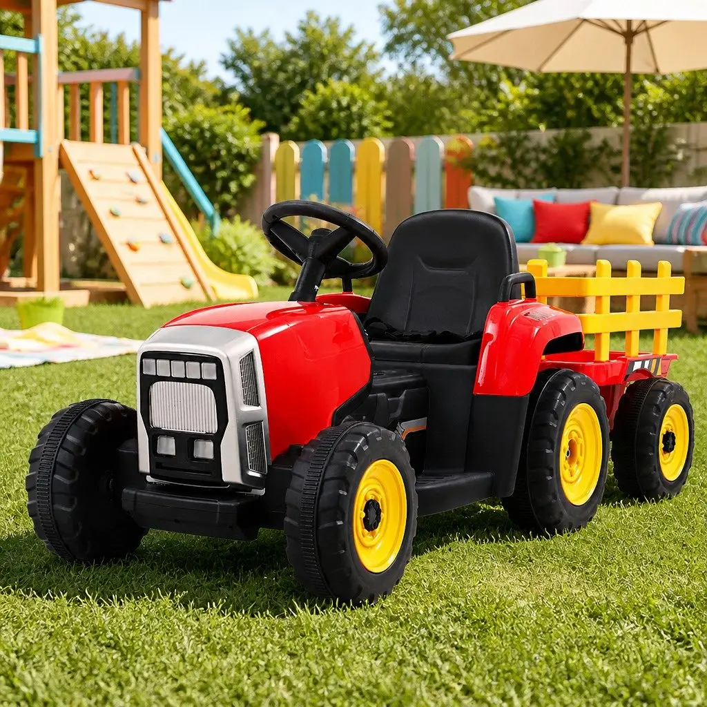 Kids Ride On Tractor Red 12V Battery Powered Detachable Trailer Realistic Controls