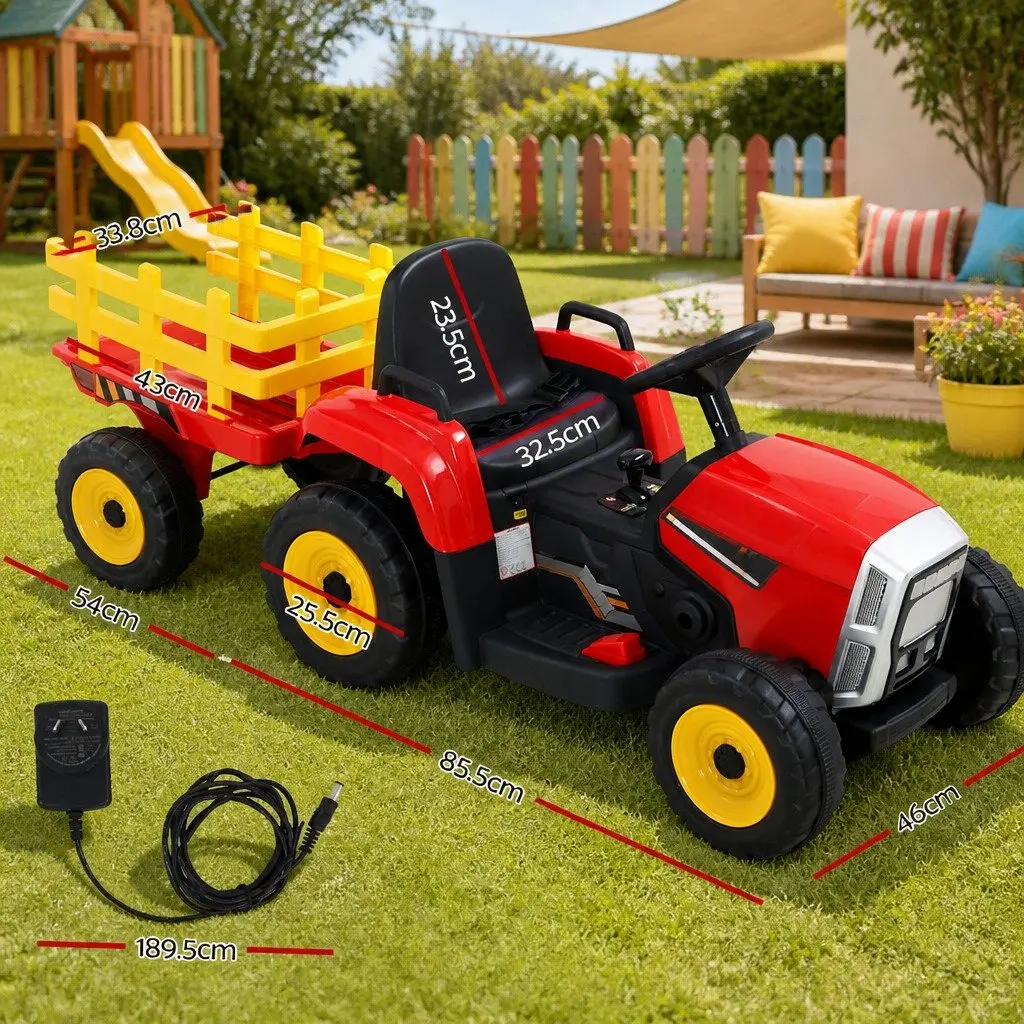Kids Ride On Tractor Red 12V Battery Powered Detachable Trailer Realistic Controls