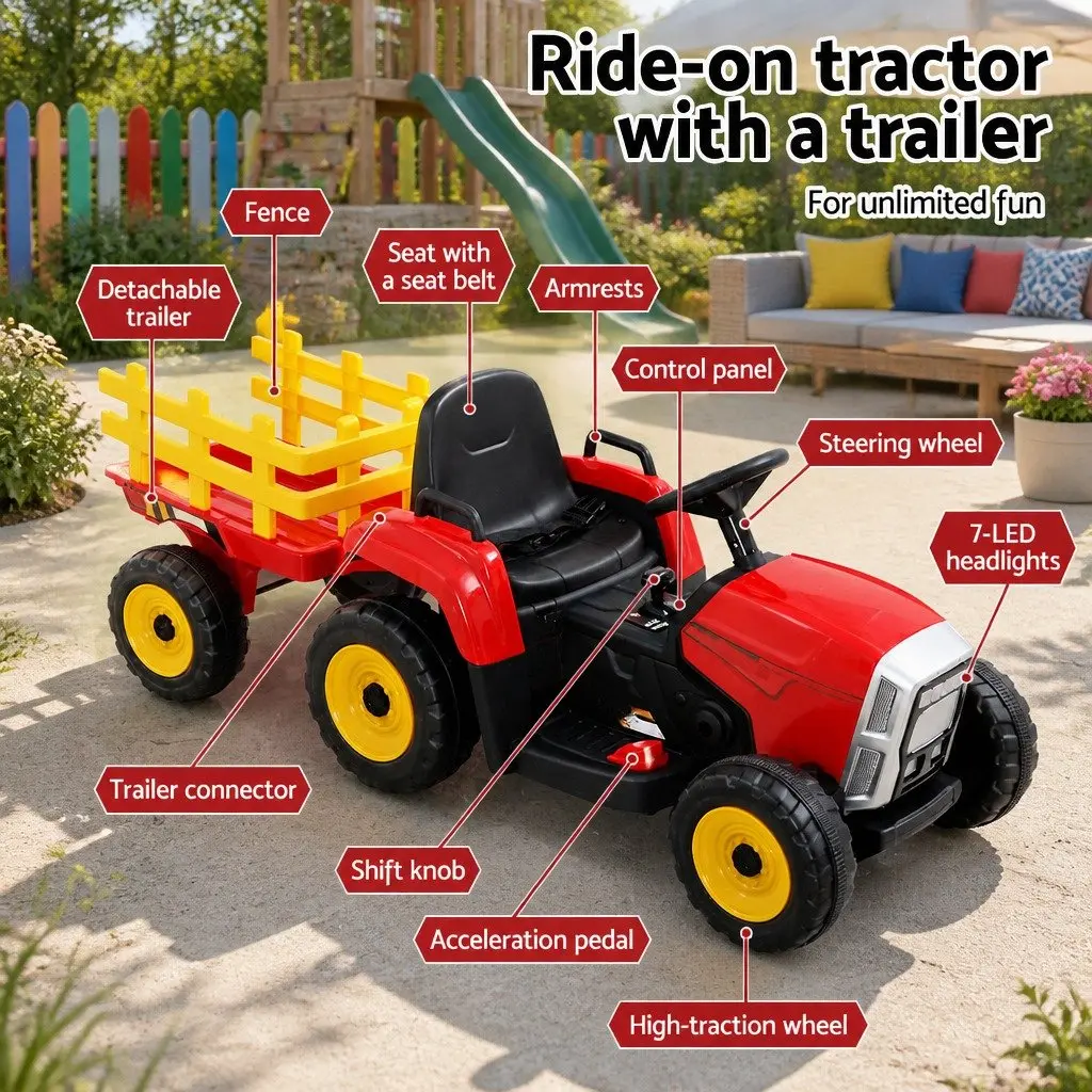 Kids Ride On Tractor Red 12V Battery Powered Detachable Trailer Realistic Controls