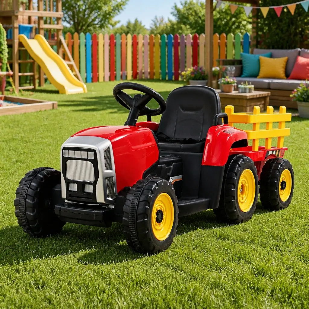 Kids Ride On Tractor Red 12V Battery Powered Detachable Trailer Realistic Controls