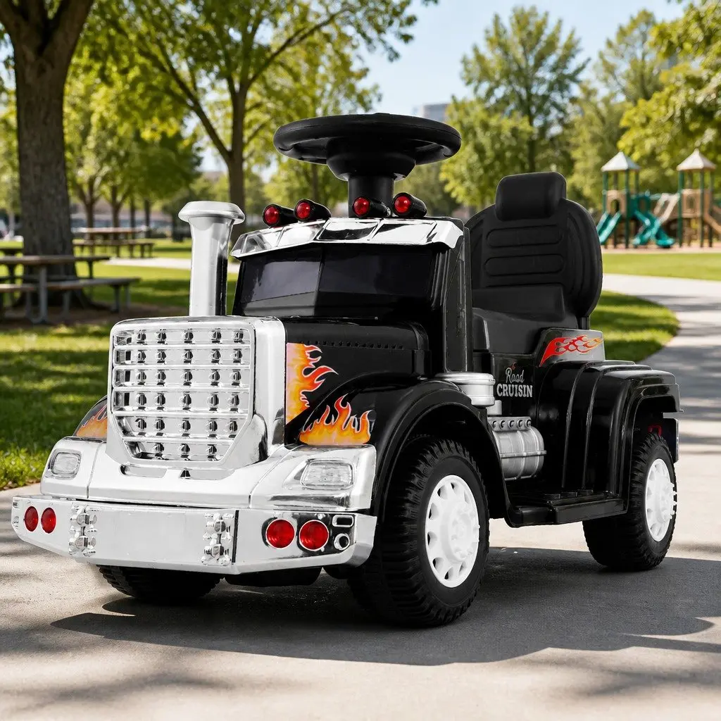 Ride On Truck Black 6V Steering Wheel Pedal Control for Kids