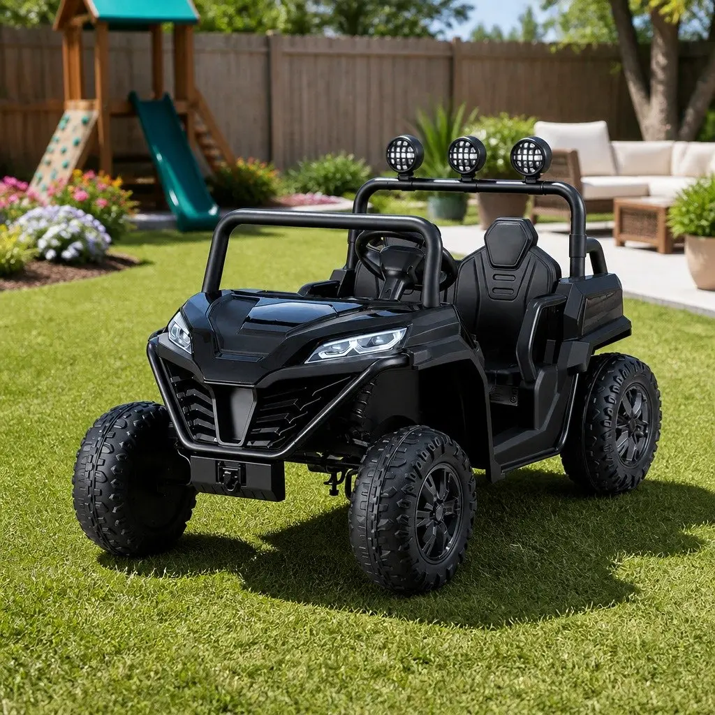 Kids Ride On Car Black with Remote Control Steering Wheel and Headlight