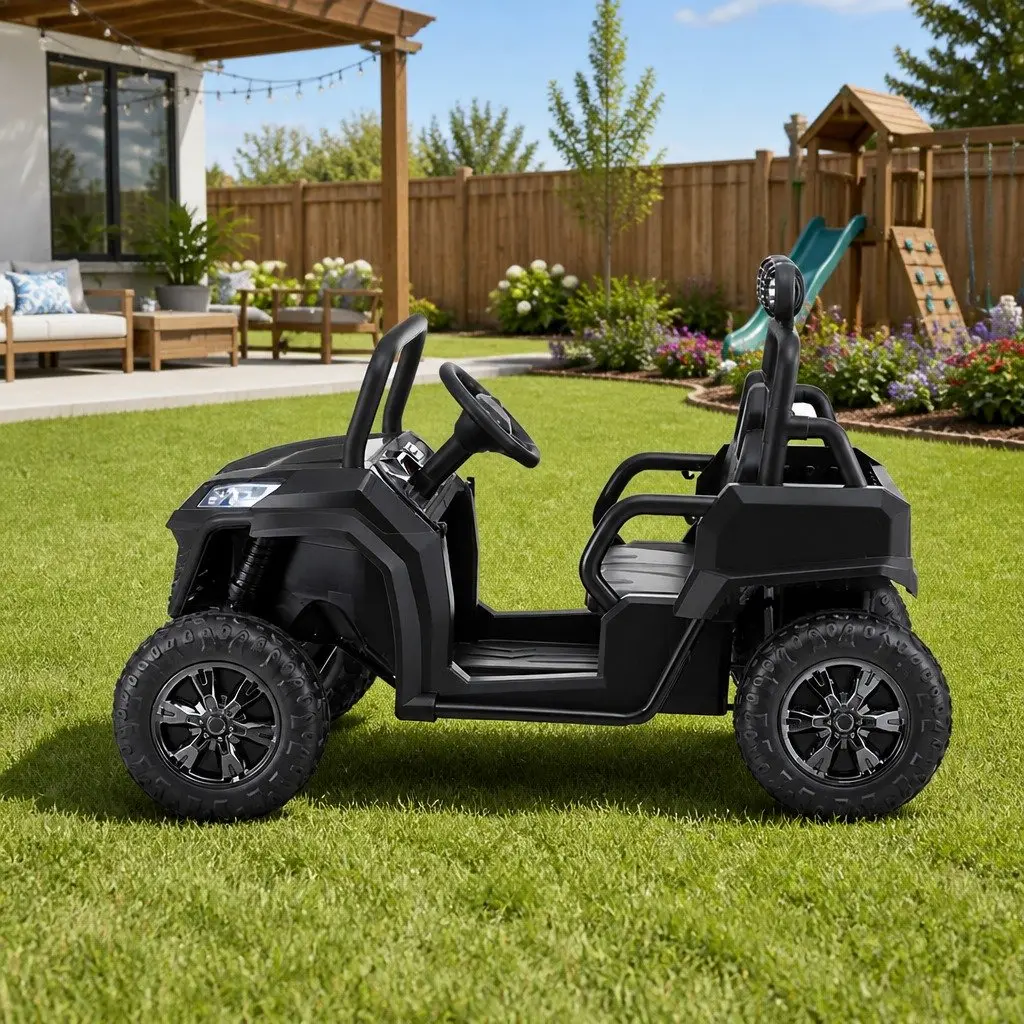 Kids Ride On Car Black with Remote Control Steering Wheel and Headlight
