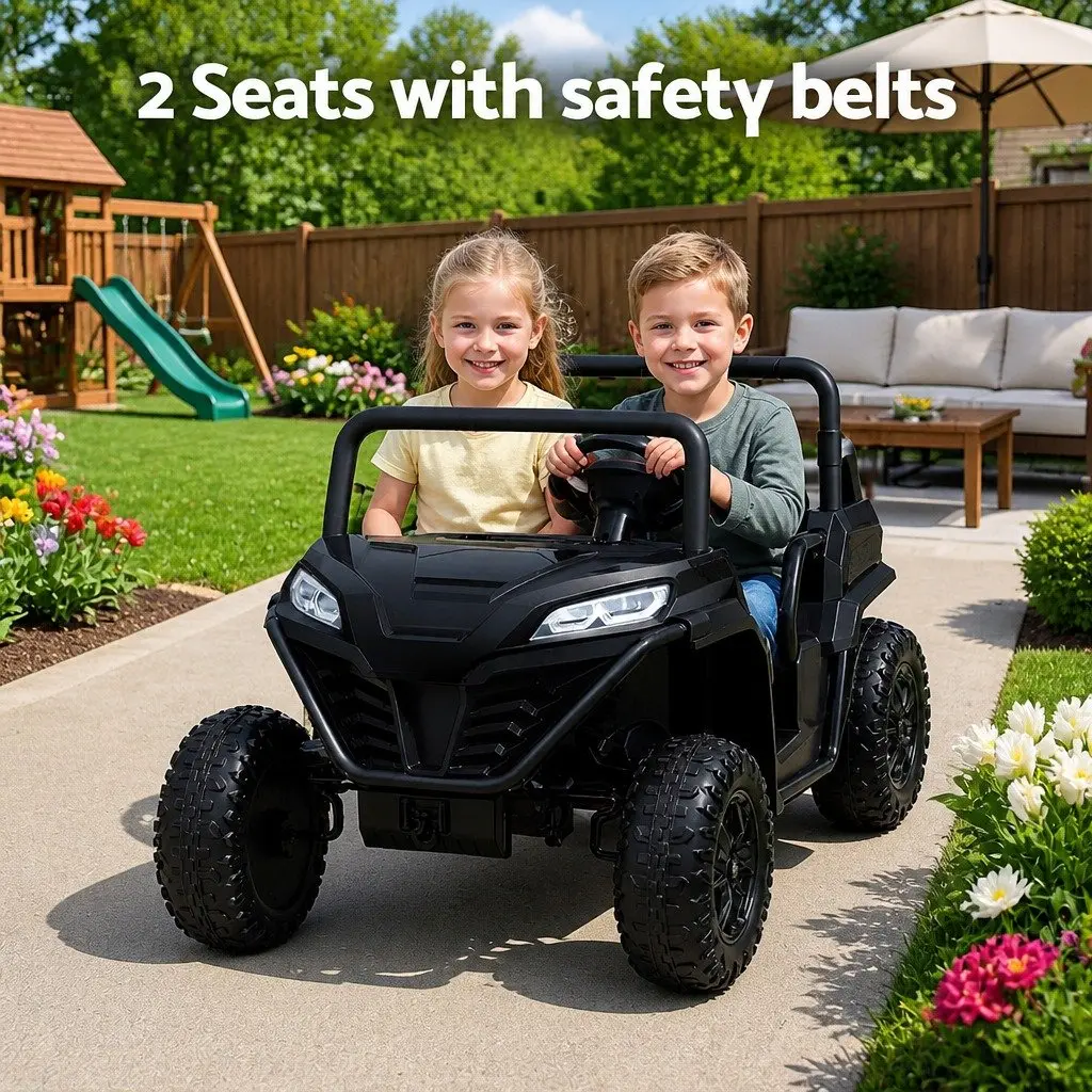 Kids Ride On Car Black with Remote Control Steering Wheel and Headlight