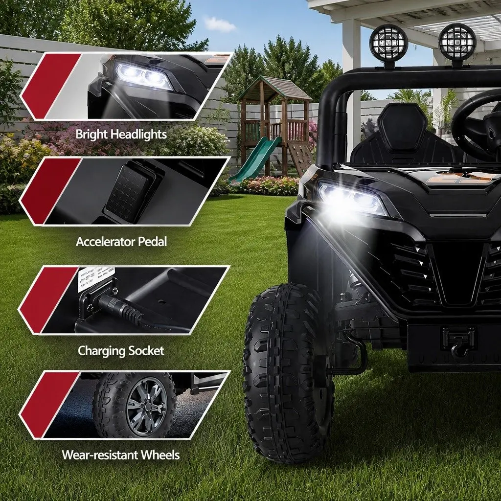 Kids Ride On Car Black with Remote Control Steering Wheel and Headlight