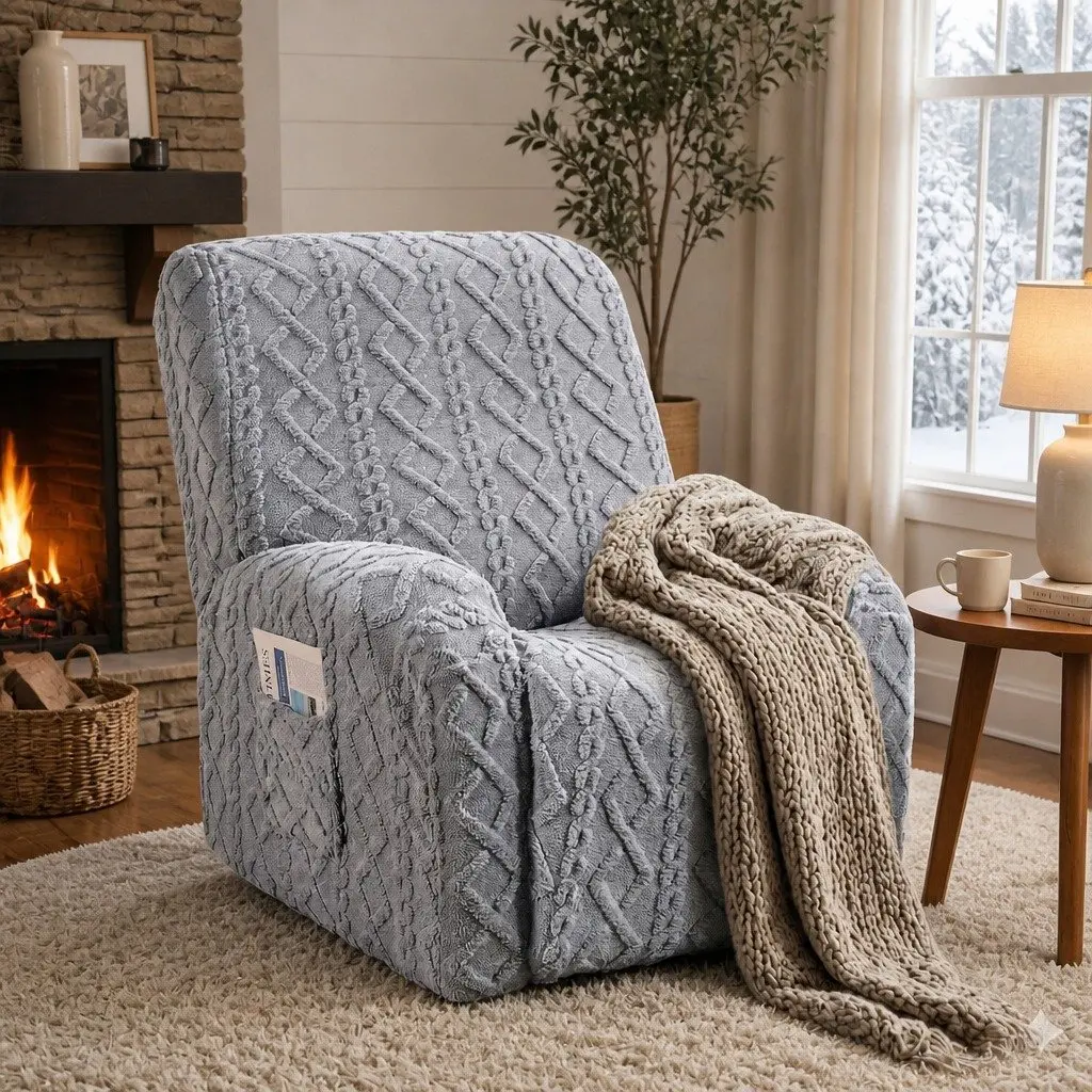 Recliner Chair Cover with Storage Side Pockets Grey Stretch Fabric Armchair