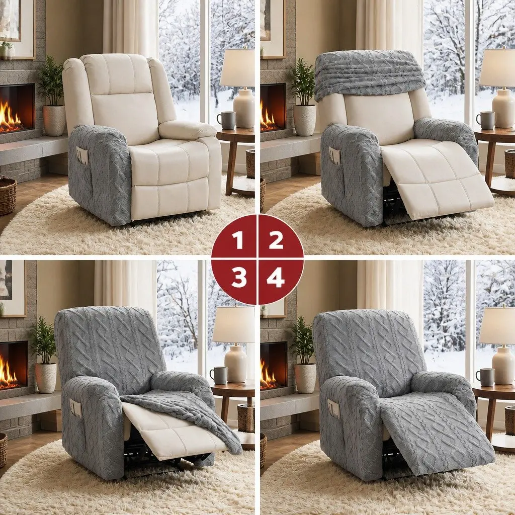 Recliner Chair Cover Grey Stretch Fabric with Side Storage Pockets