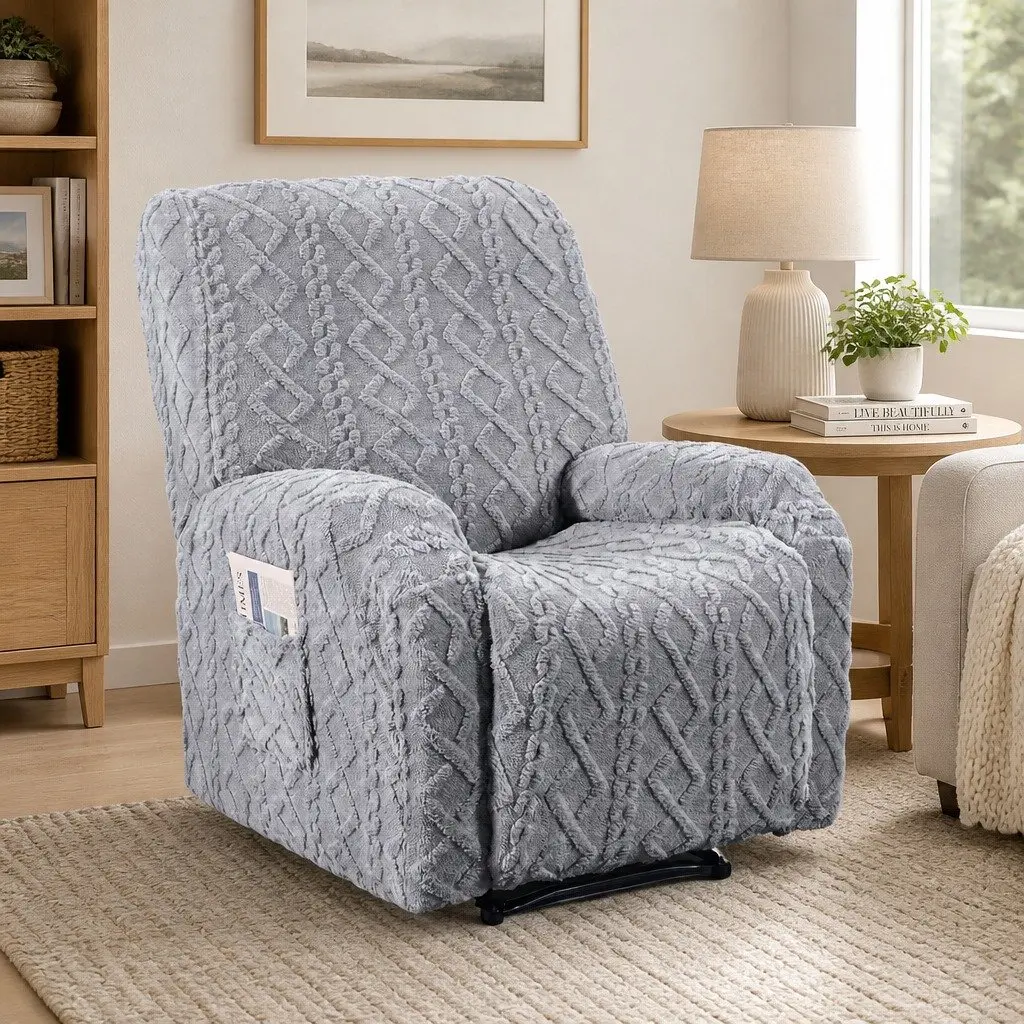 Recliner Chair Cover Grey Stretch Fabric with Side Storage Pockets