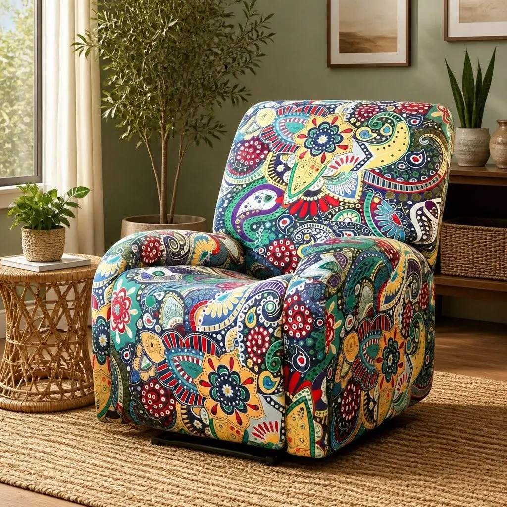 Recliner Chair Slipcover Blue 4-Piece Stretch Cover Printed Polyester