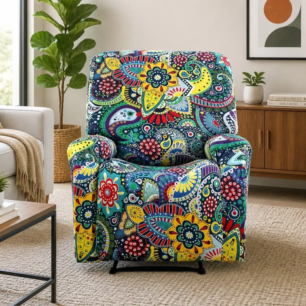 Recliner Chair Slipcover Blue 4-Piece Stretch Cover Printed Polyester