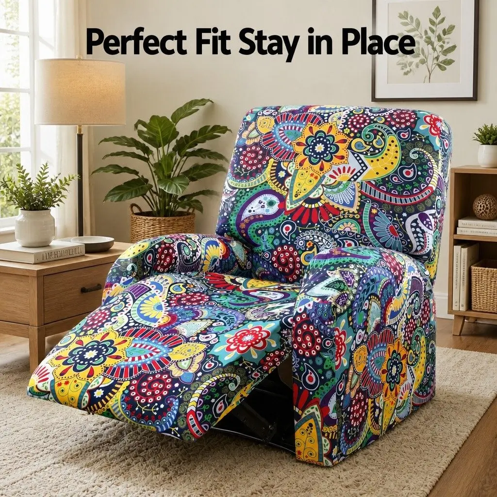 Recliner Chair Slipcover Blue 4-Piece Stretch Cover Printed Polyester