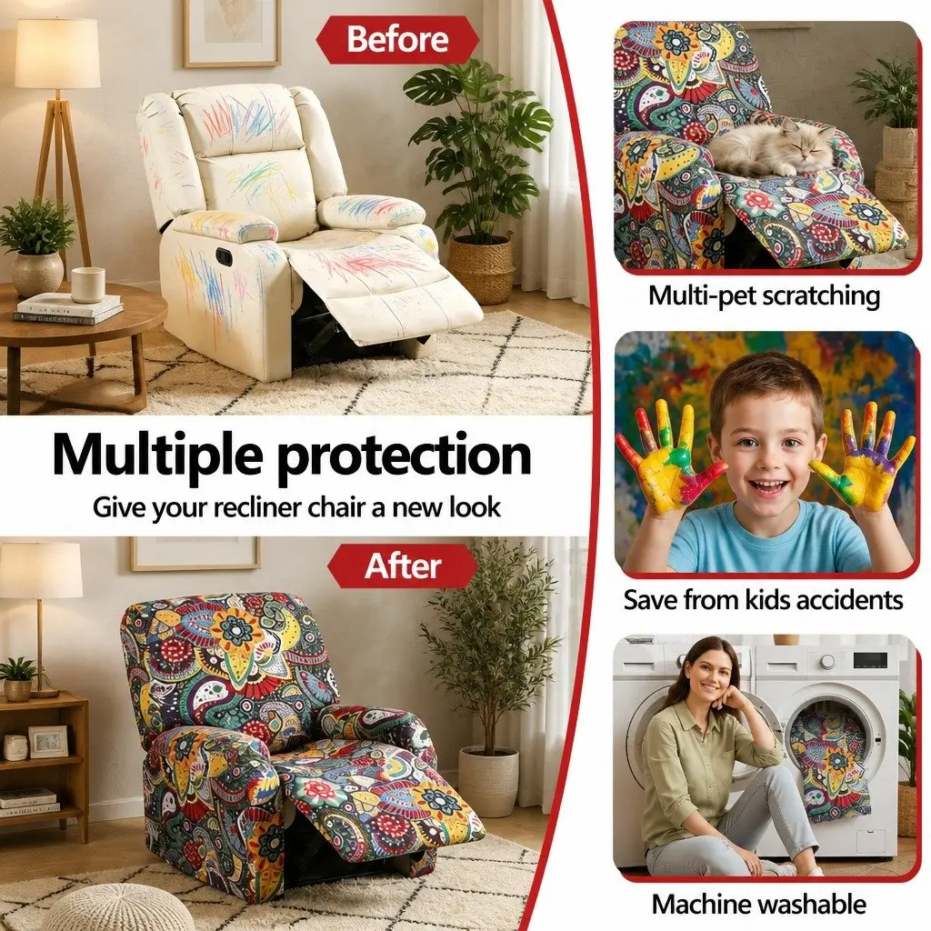 Recliner Chair Slipcover Blue 4-Piece Stretch Cover Printed Polyester