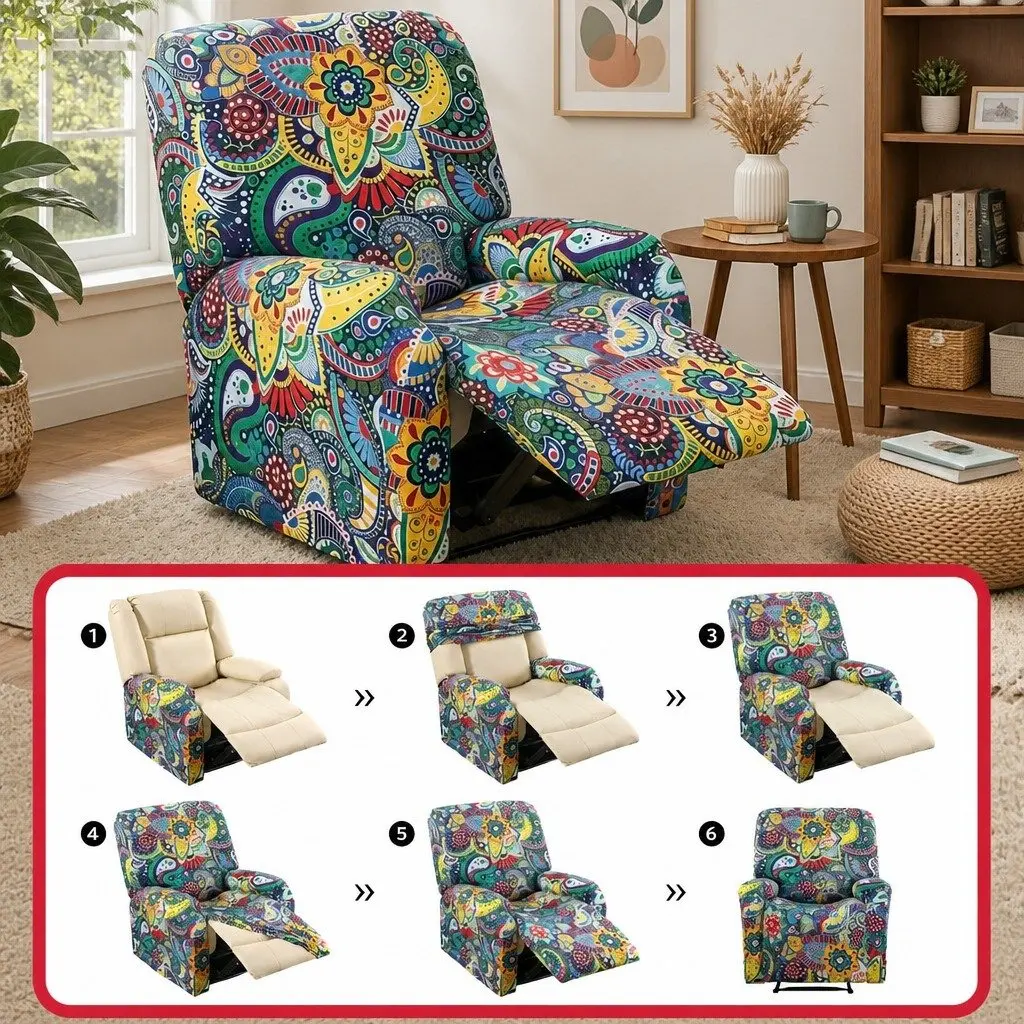 Recliner Chair Slipcover Blue 4-Piece Stretch Cover Printed Polyester