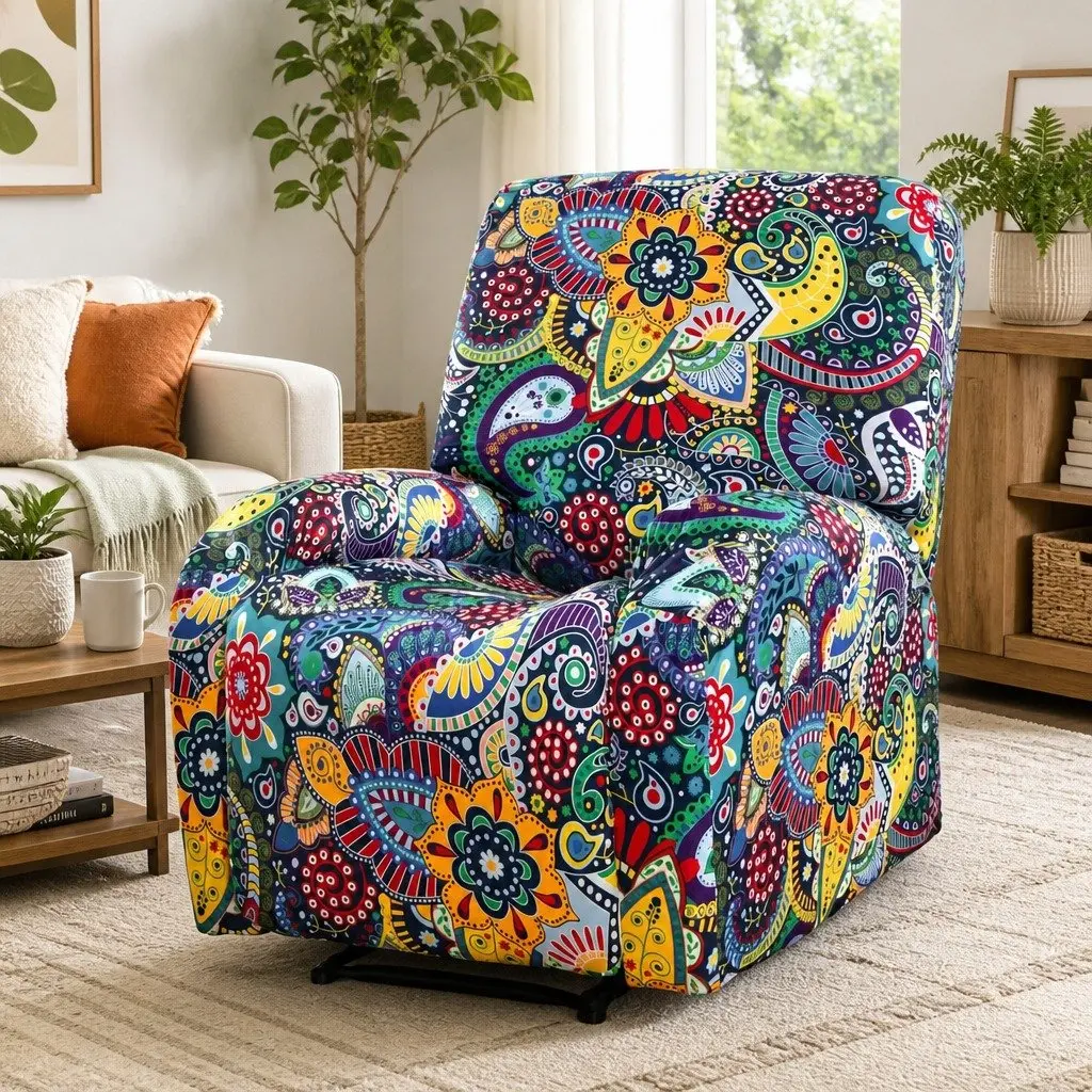 Recliner Chair Slipcover Blue 4-Piece Stretch Cover Printed Polyester