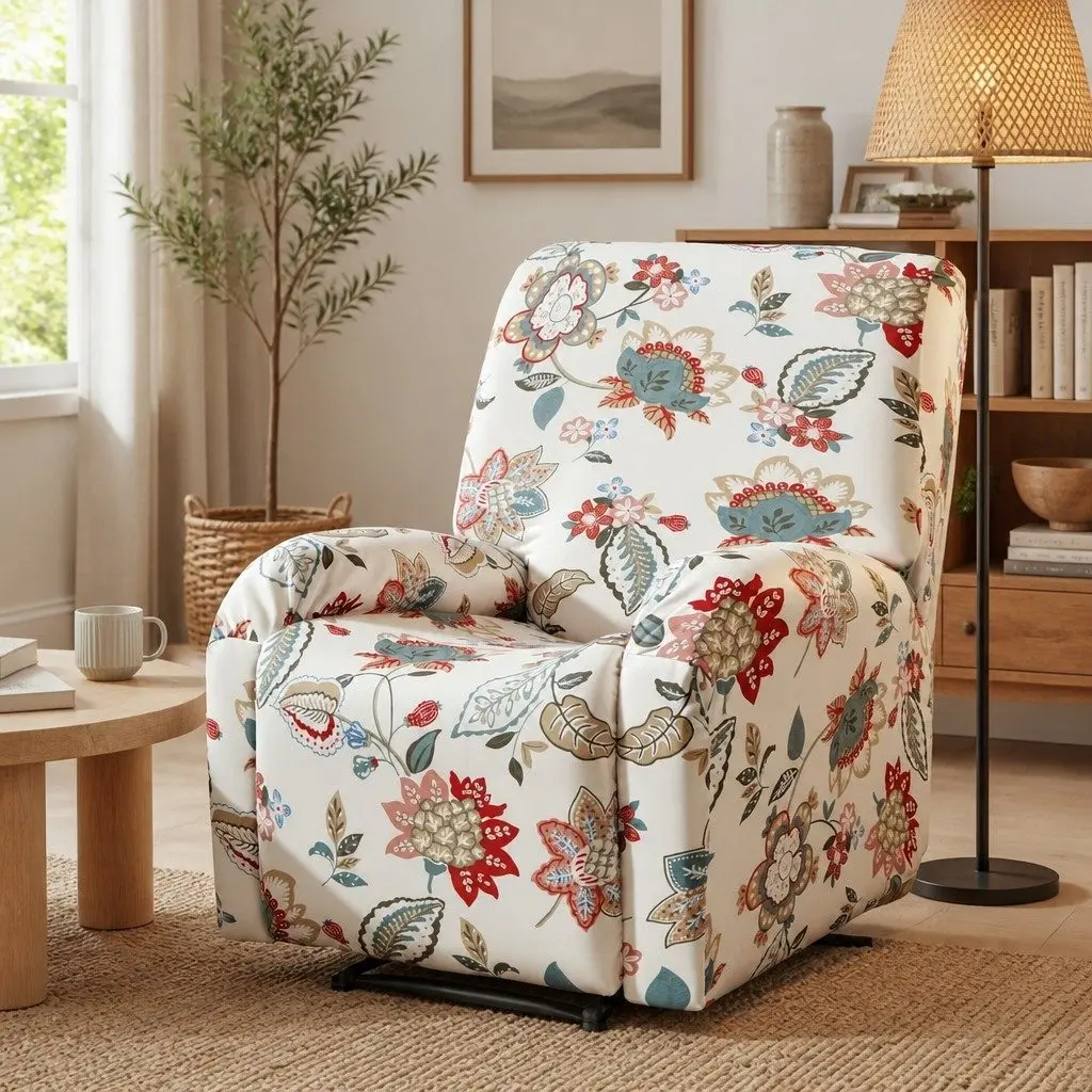 Recliner Chair Slipcover Pink Floral Printed 4-Piece Set Stretch Fit