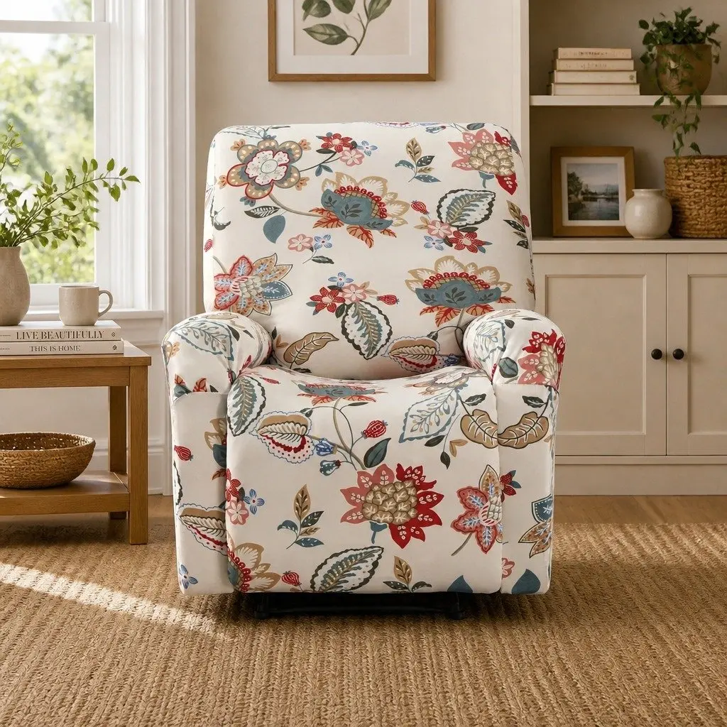 Recliner Chair Slipcover Pink Floral Printed 4-Piece Set Stretch Fit