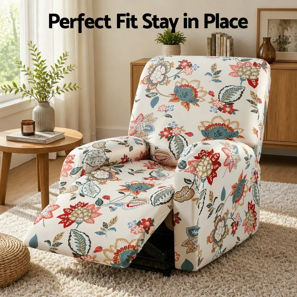 Recliner Chair Slipcover Pink Floral Printed 4-Piece Set Stretch Fit