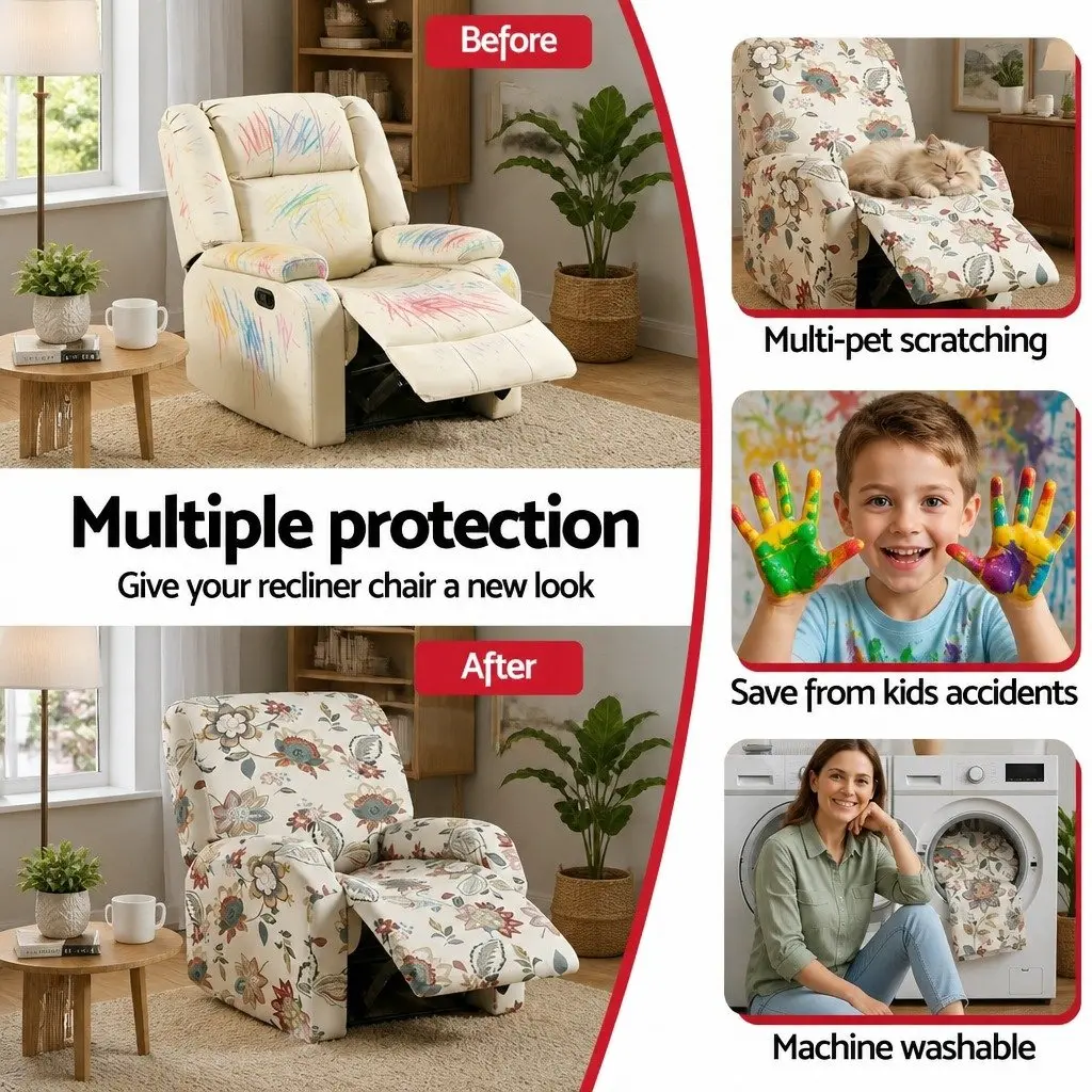 Recliner Chair Slipcover Pink Floral Printed 4-Piece Set Stretch Fit