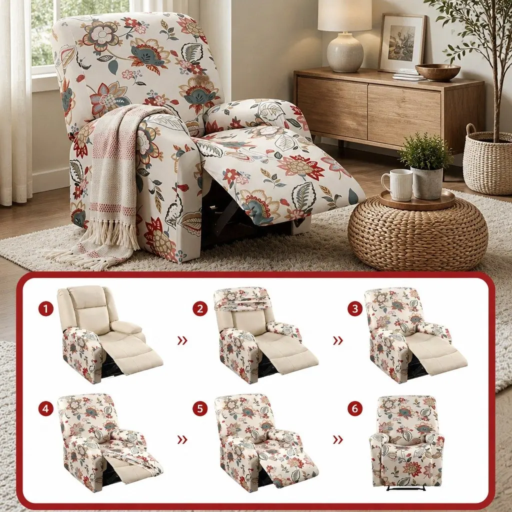 Recliner Chair Slipcover Pink Floral Printed 4-Piece Set Stretch Fit
