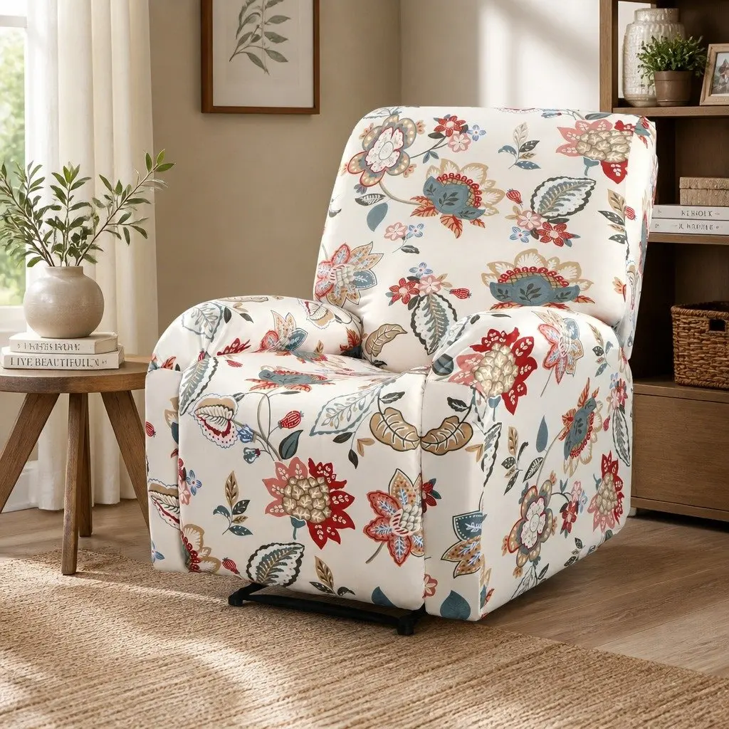 Recliner Chair Slipcover Pink Floral Printed 4-Piece Set Stretch Fit
