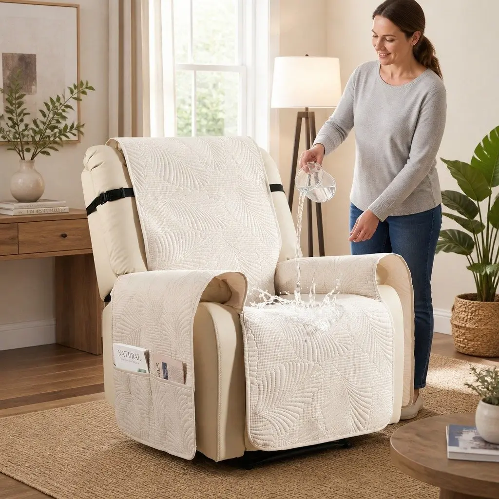 Recliner Chair Cover Quilted Slipcover Waterproof Protector with Storage
