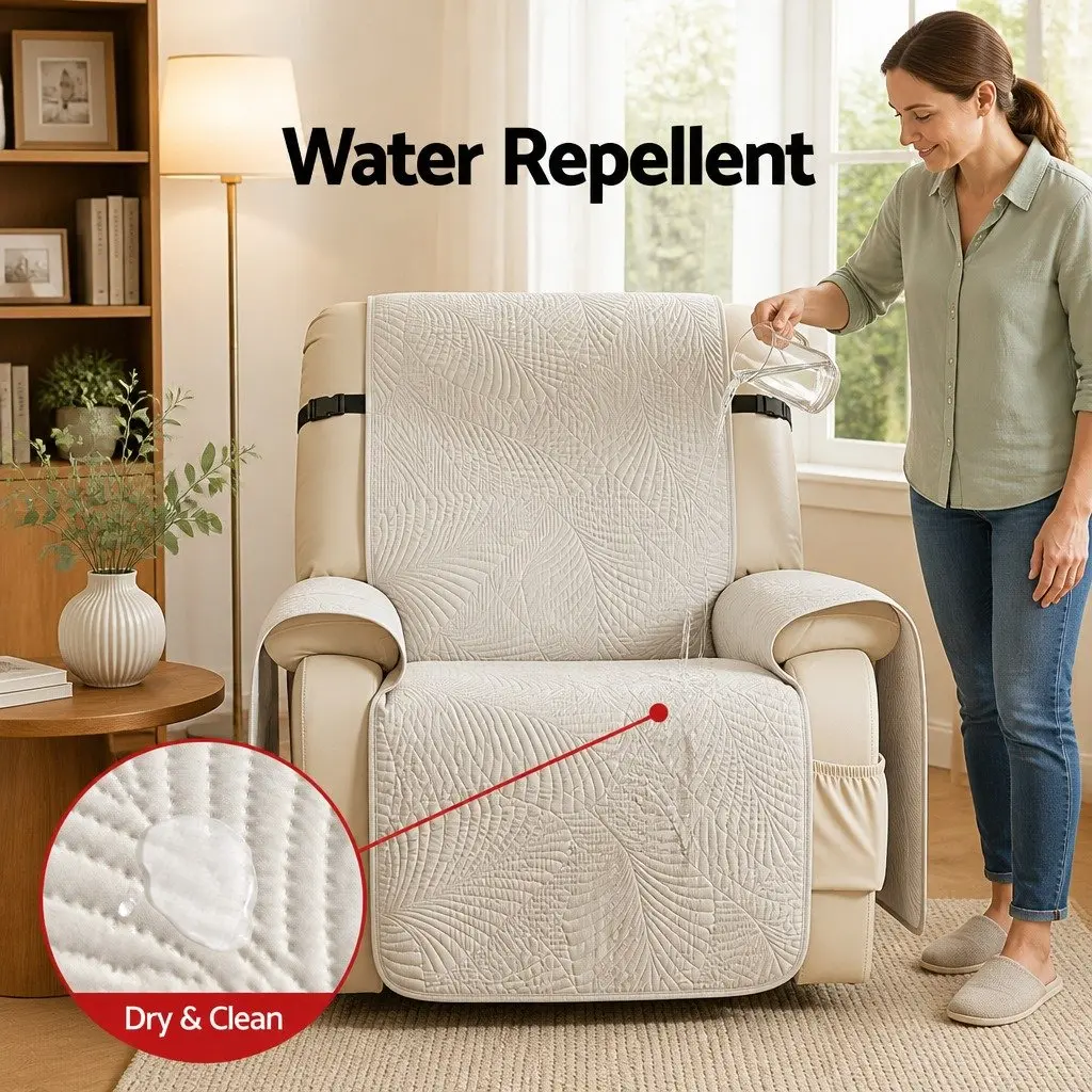 Recliner Chair Cover Quilted Slipcover Waterproof Protector with Storage