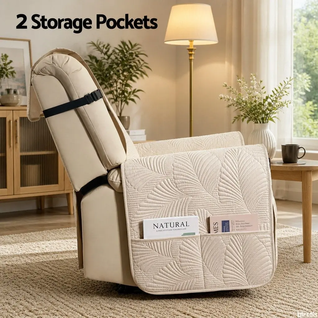 Recliner Chair Cover Quilted Slipcover Waterproof Protector with Storage
