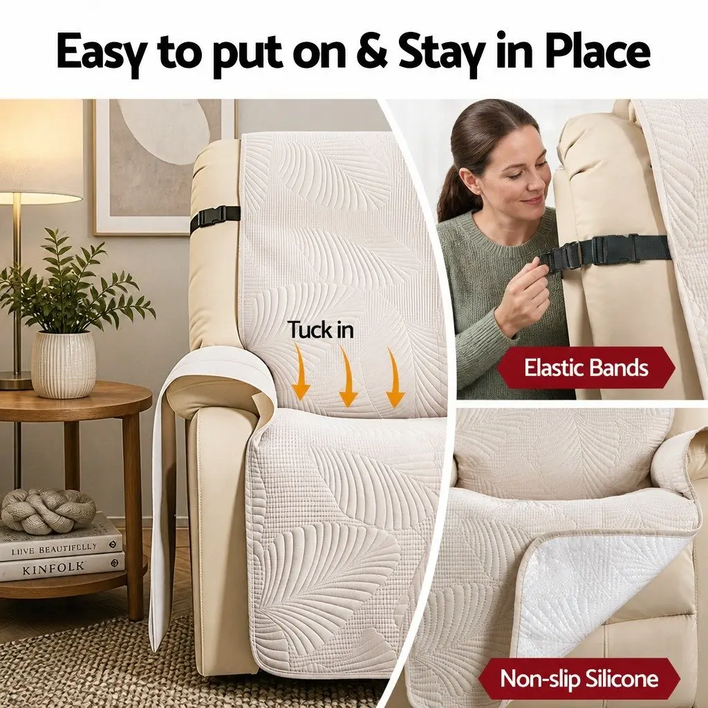 Recliner Chair Cover Quilted Slipcover Waterproof Protector with Storage
