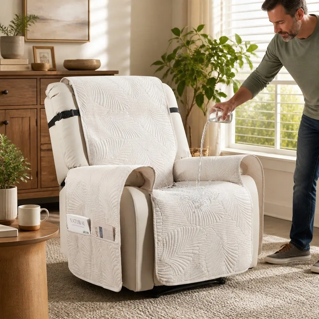 Recliner Chair Cover Quilted Slipcover Waterproof Protector with Storage