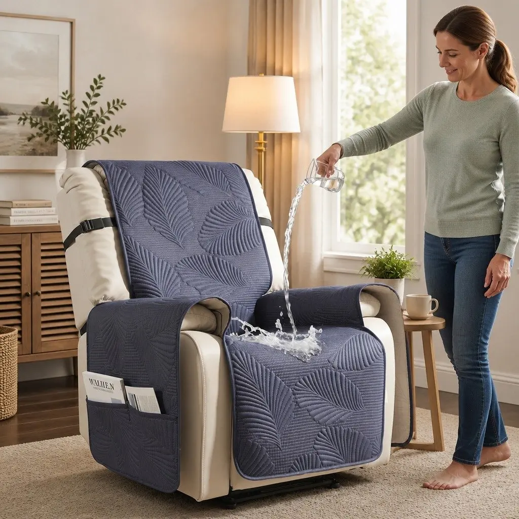 Quilted Recliner Cover Grey Waterproof Fabric Slipcover with Side Pockets and Adjustable Strap