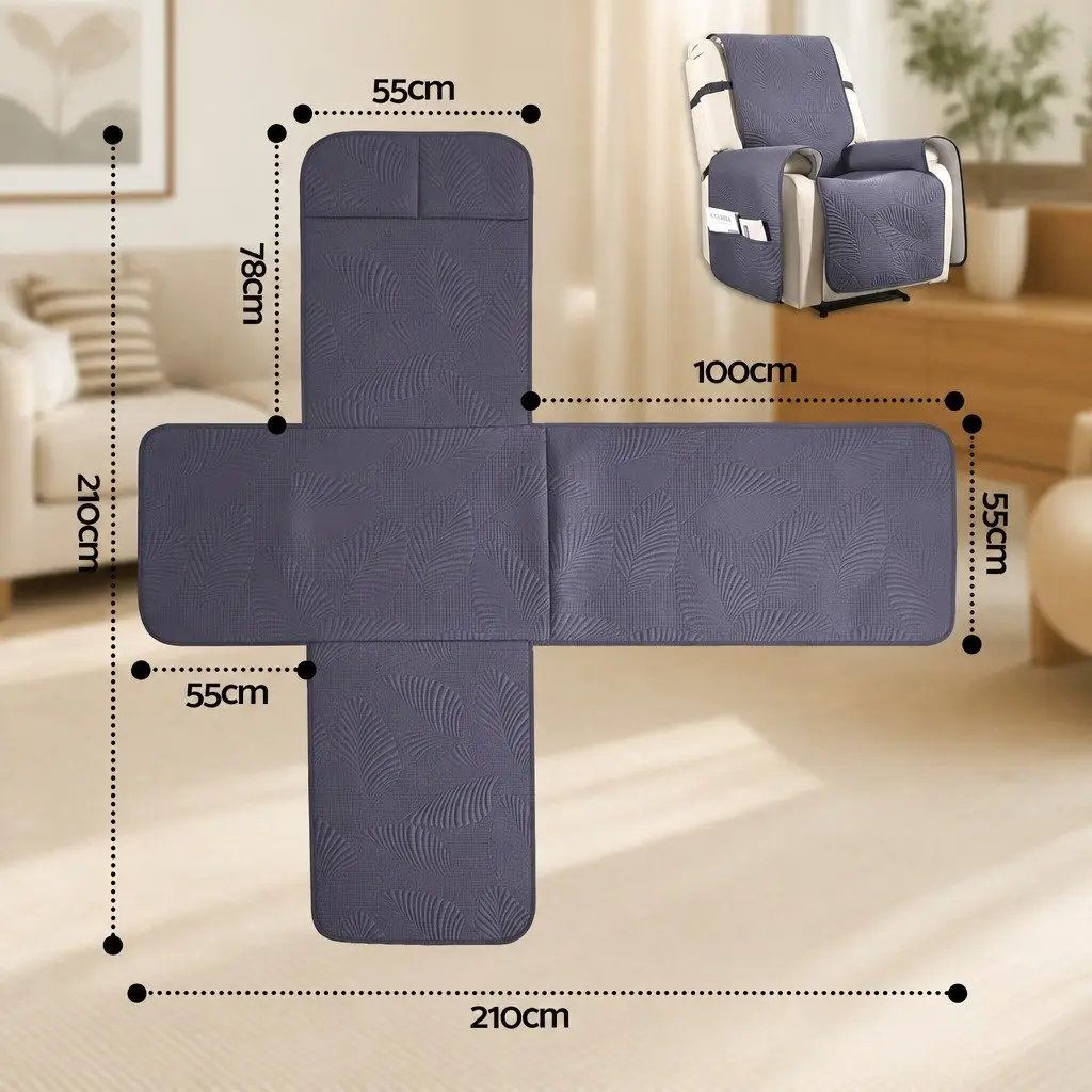 Quilted Recliner Cover Grey Waterproof Fabric Slipcover with Side Pockets and Adjustable Strap