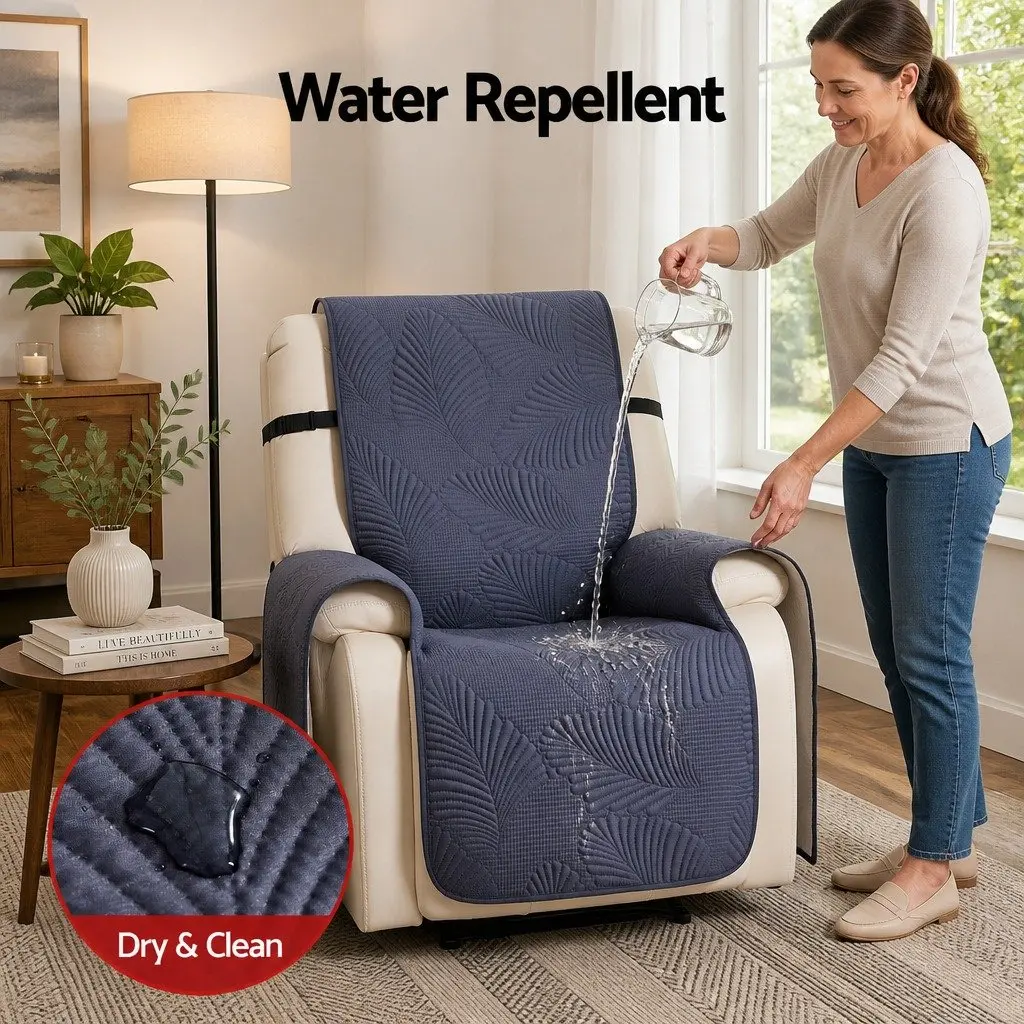 Quilted Recliner Cover Grey Waterproof Fabric Slipcover with Side Pockets and Adjustable Strap