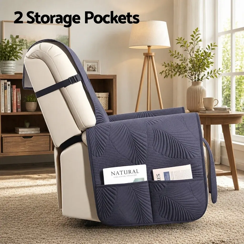 Quilted Recliner Cover Grey Waterproof Fabric Slipcover with Side Pockets and Adjustable Strap