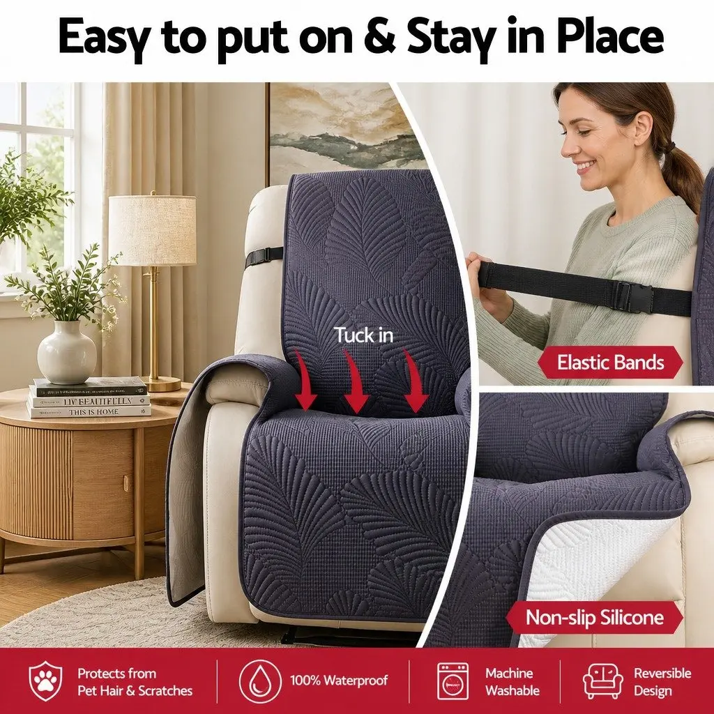 Quilted Recliner Cover Grey Waterproof Fabric Slipcover with Side Pockets and Adjustable Strap