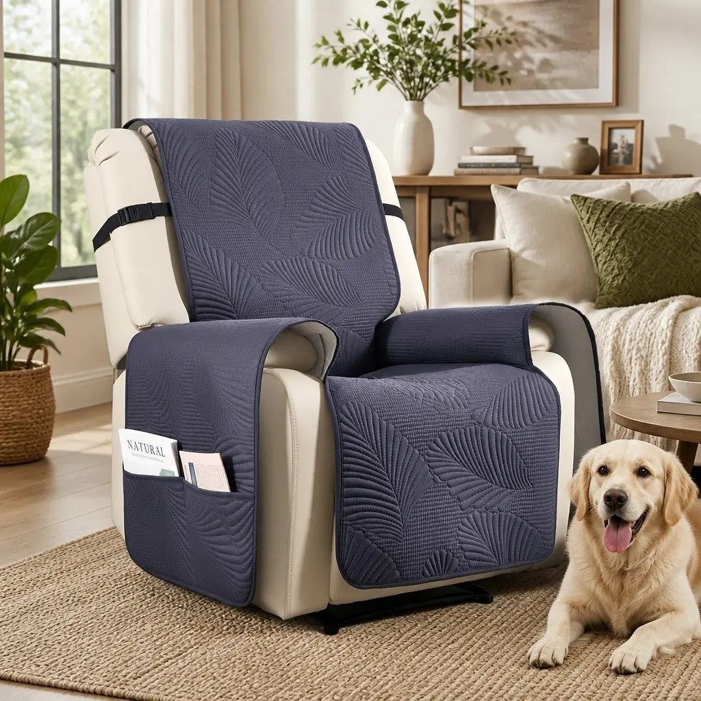 Quilted Recliner Cover Grey Waterproof Fabric Slipcover with Side Pockets and Adjustable Strap