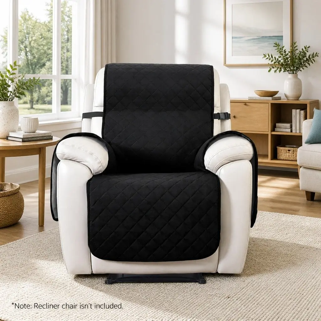 Recliner Chair Cover Black 1-Seater Water Resistant Machine Washable Diamond-Quilted Anti-Scratch Microfibre
