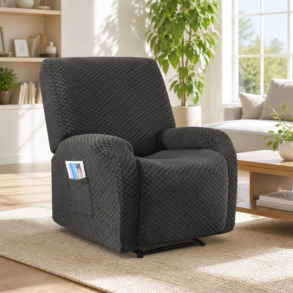 Grey Recliner Chair Cover Soft Fabric Stretch with Side Storage Pockets