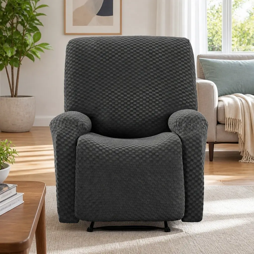 Grey Recliner Chair Cover Soft Fabric Stretch with Side Storage Pockets