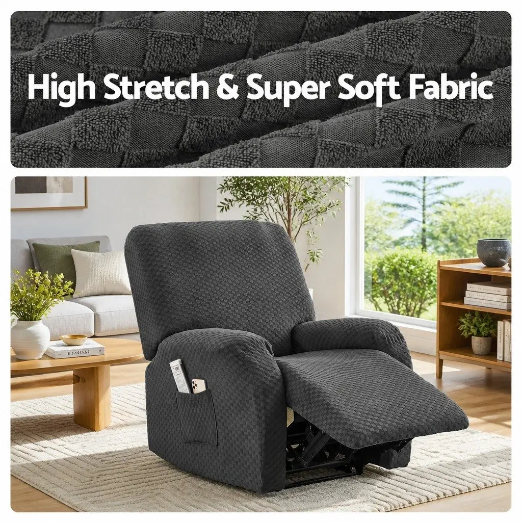 Grey Recliner Chair Cover Soft Fabric Stretch with Side Storage Pockets