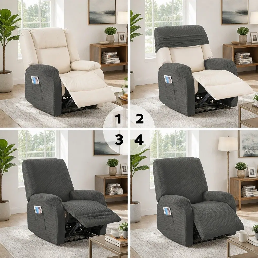 Grey Recliner Chair Cover Soft Fabric Stretch with Side Storage Pockets