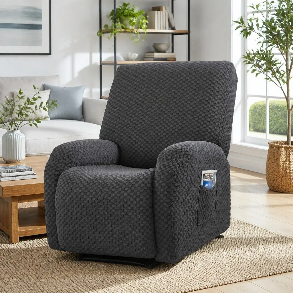 Grey Recliner Chair Cover Soft Fabric Stretch with Side Storage Pockets