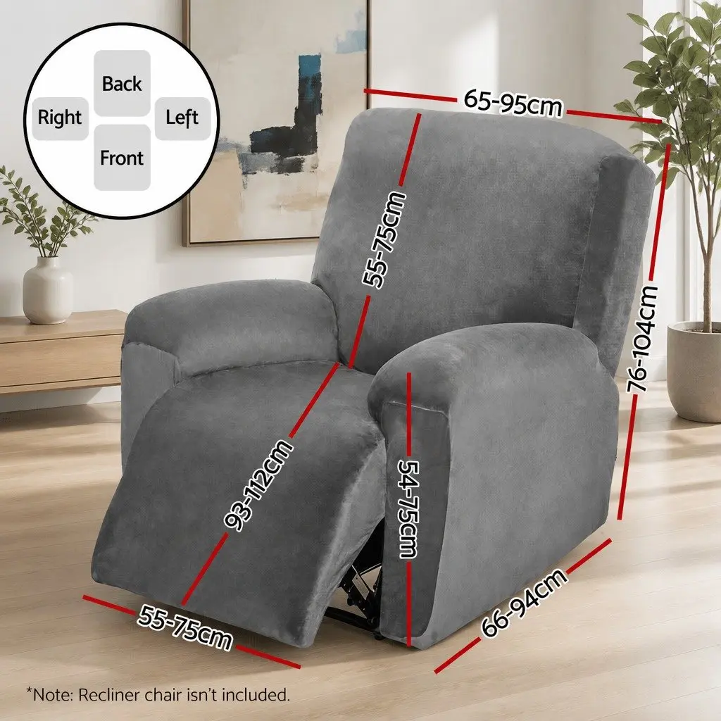 Recliner Chair Cover Grey 1 Seater Velvet Stretch Elastic Bottom Anti-Slip