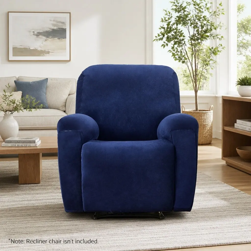 Recliner Chair Cover 1 Seater Navy Blue Velvet Stretch Arm Chair Protection