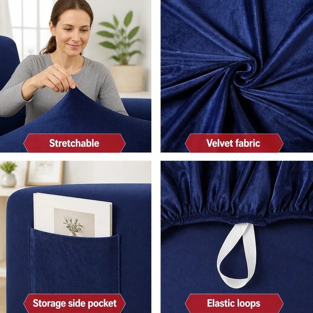 Recliner Chair Cover 1 Seater Navy Blue Velvet Stretch Arm Chair Protection