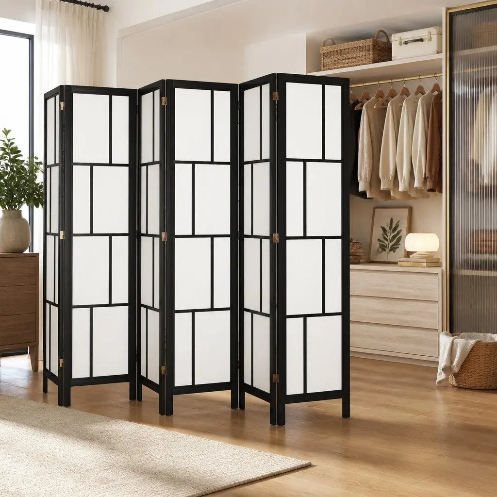 6 Panel Room Divider Black 170cm Freestanding Folding Screen Privacy Partition