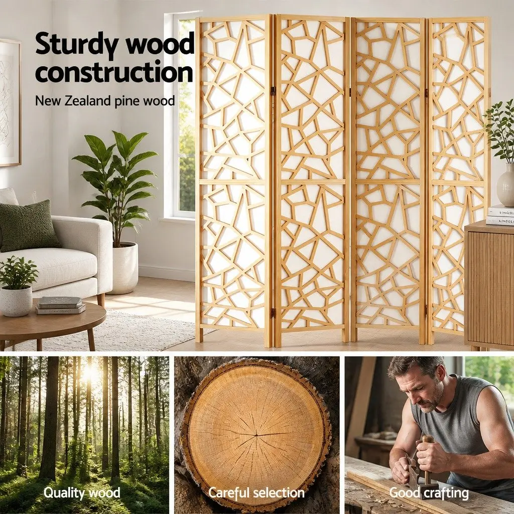 4 Panel Room Divider Natural 162x170cm Pine Wood Foldable Privacy Screen
