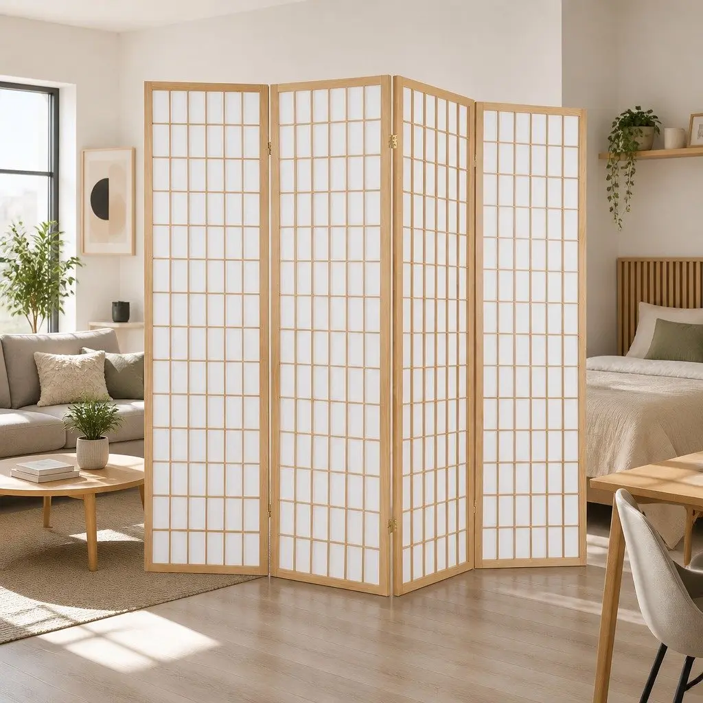 4 Panel Room Divider Screen 174x179cm Natural Foldable Space Partition Privacy