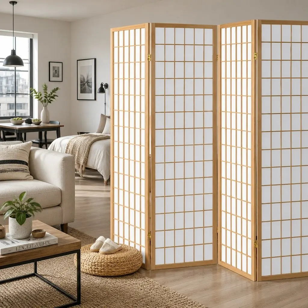 4 Panel Room Divider Screen 174x179cm Natural Foldable Space Partition Privacy