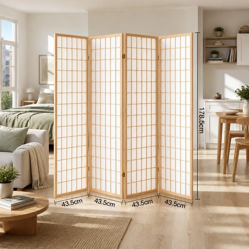 4 Panel Room Divider Screen 174x179cm Natural Foldable Space Partition Privacy